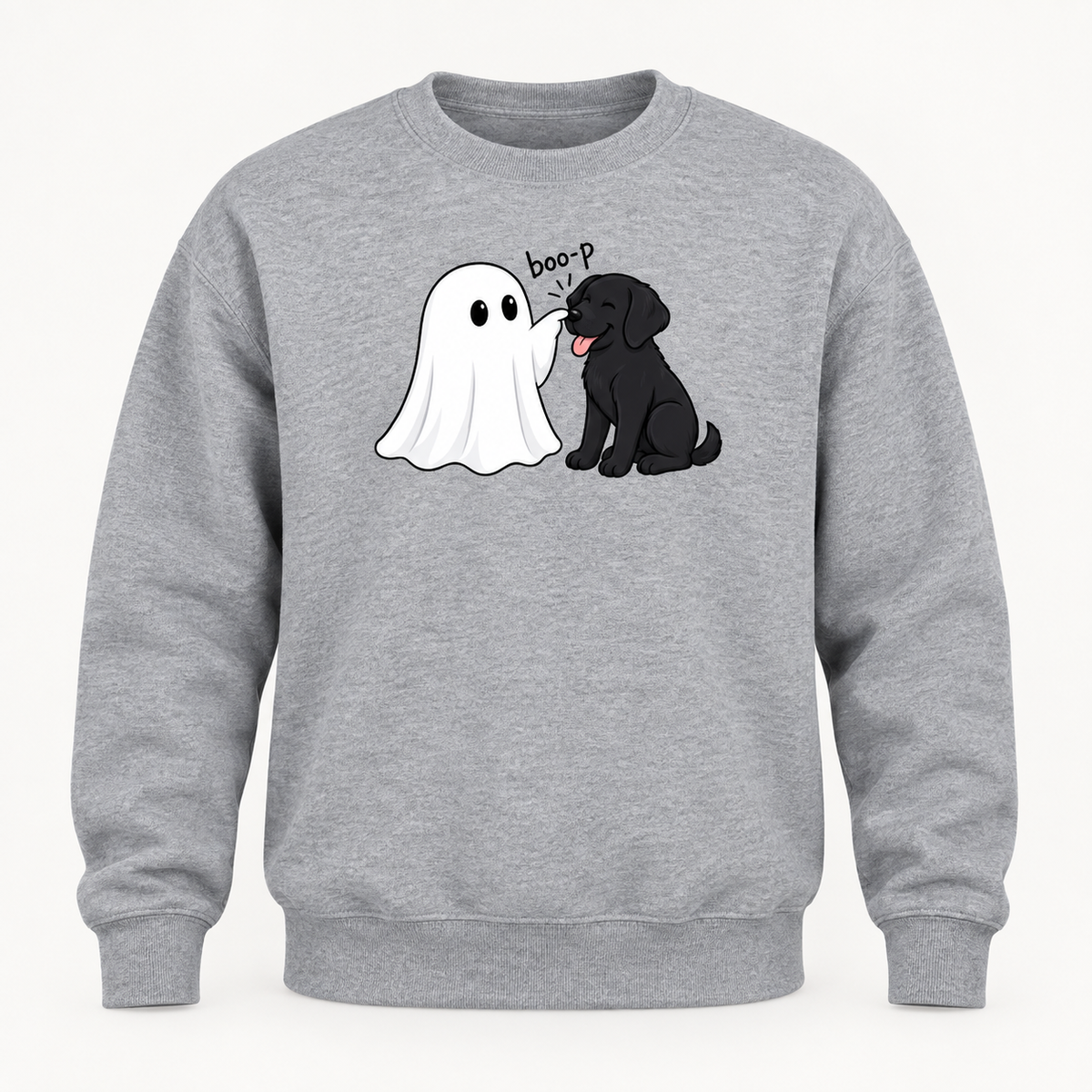 Gray Boo-P ghost and black dog crewneck sweatshirt